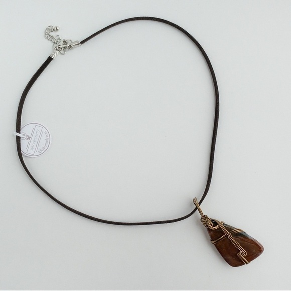 Large Agate Stone Pendant Necklace Copper Wire Wrap Natural Semi Precious NWT - Picture 1 of 12